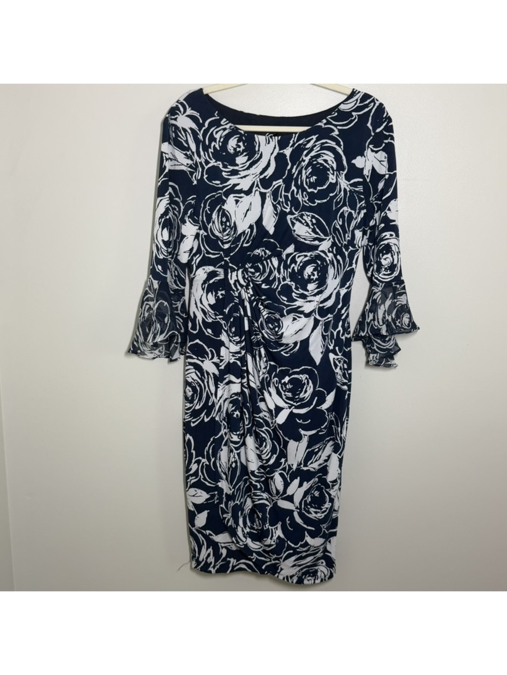 Studio Connection Size 14 Navy White Floral Bell Sleeve Sheath Dress
